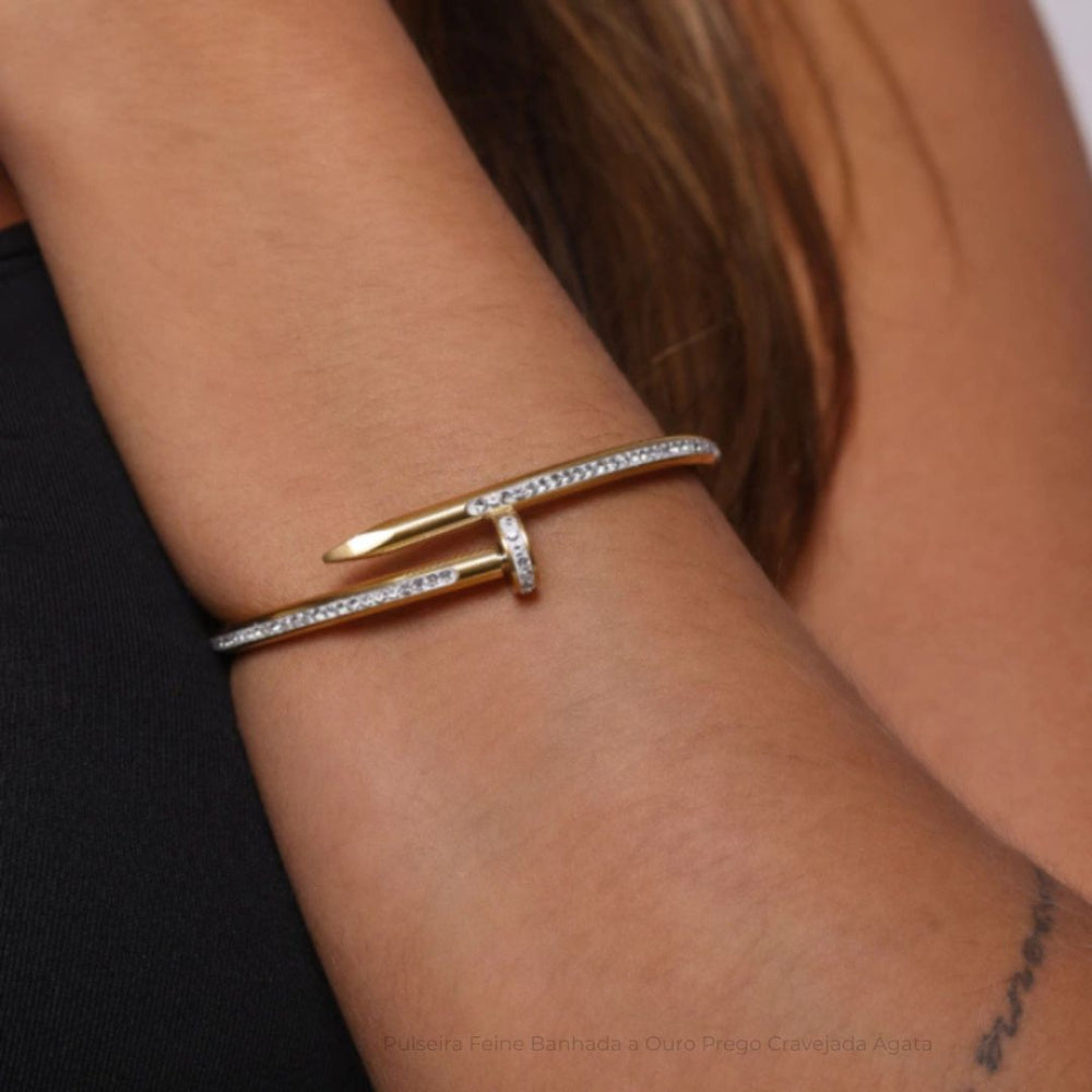 Pulseira Feine Banhada a Ouro Prego Cravejada Ágata